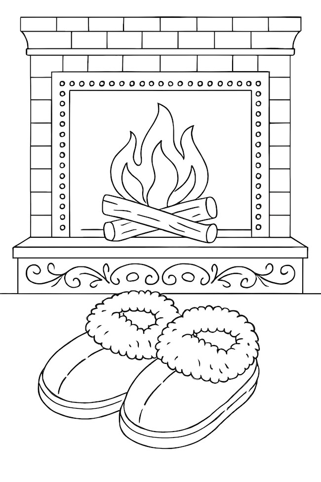 Coloring page depicting a pair of fuzzy slippers resting on a floor in front of a fireplace with a cozy flame and stacked logs