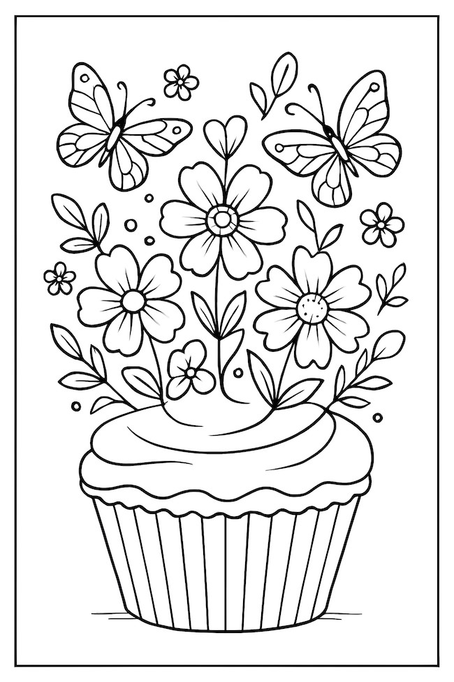 Coloring page of a cupcake decorated with flowers and butterflies, resembling a small garden