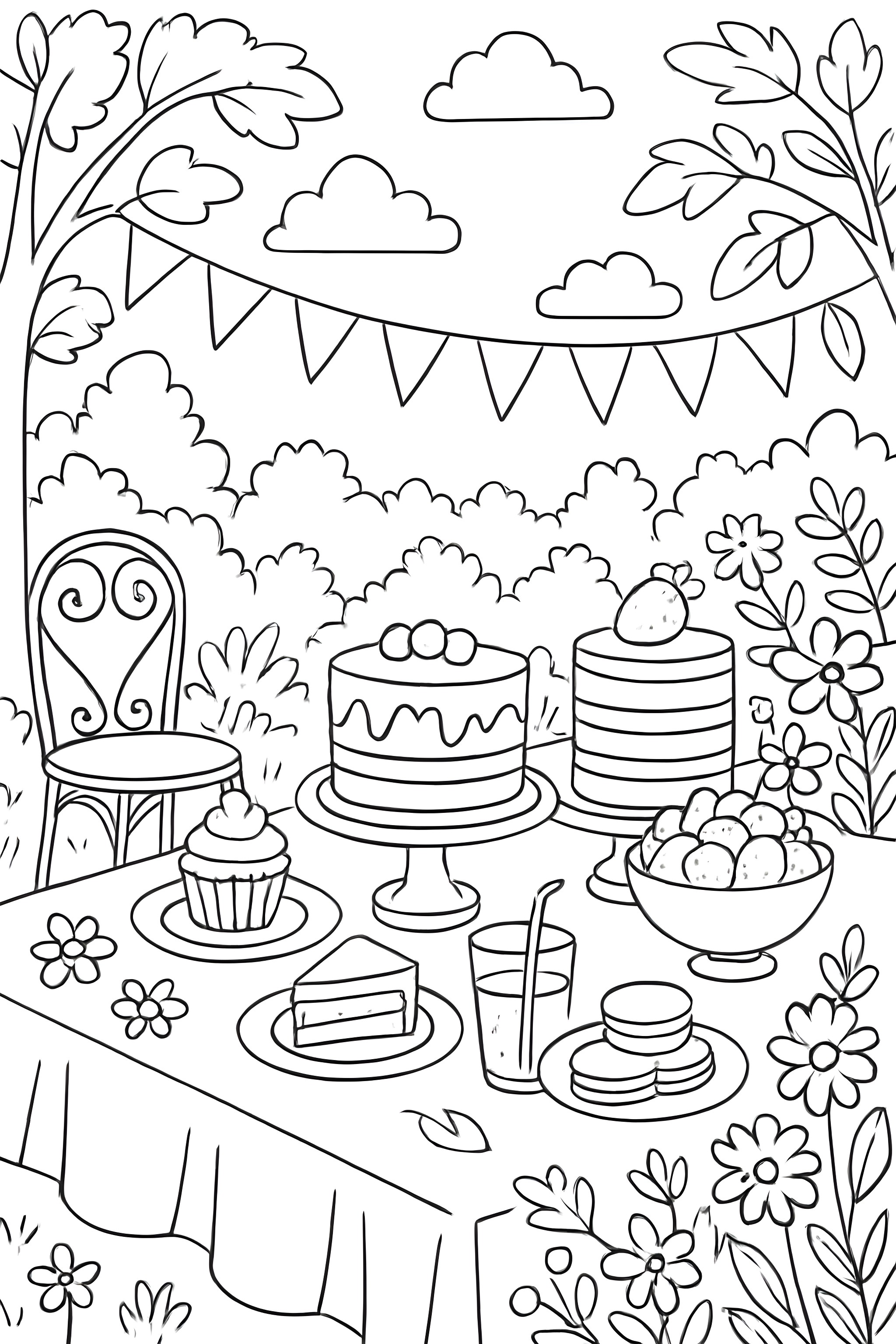 Coloring page featuring a garden party dessert table with cakes, cupcakes, and drinks surrounded by flowers and greenery