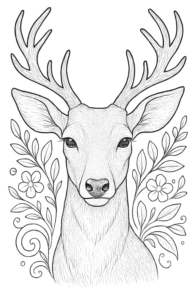 Portrait of a gentle deer with large antlers surrounded by decorative flowers and foliage