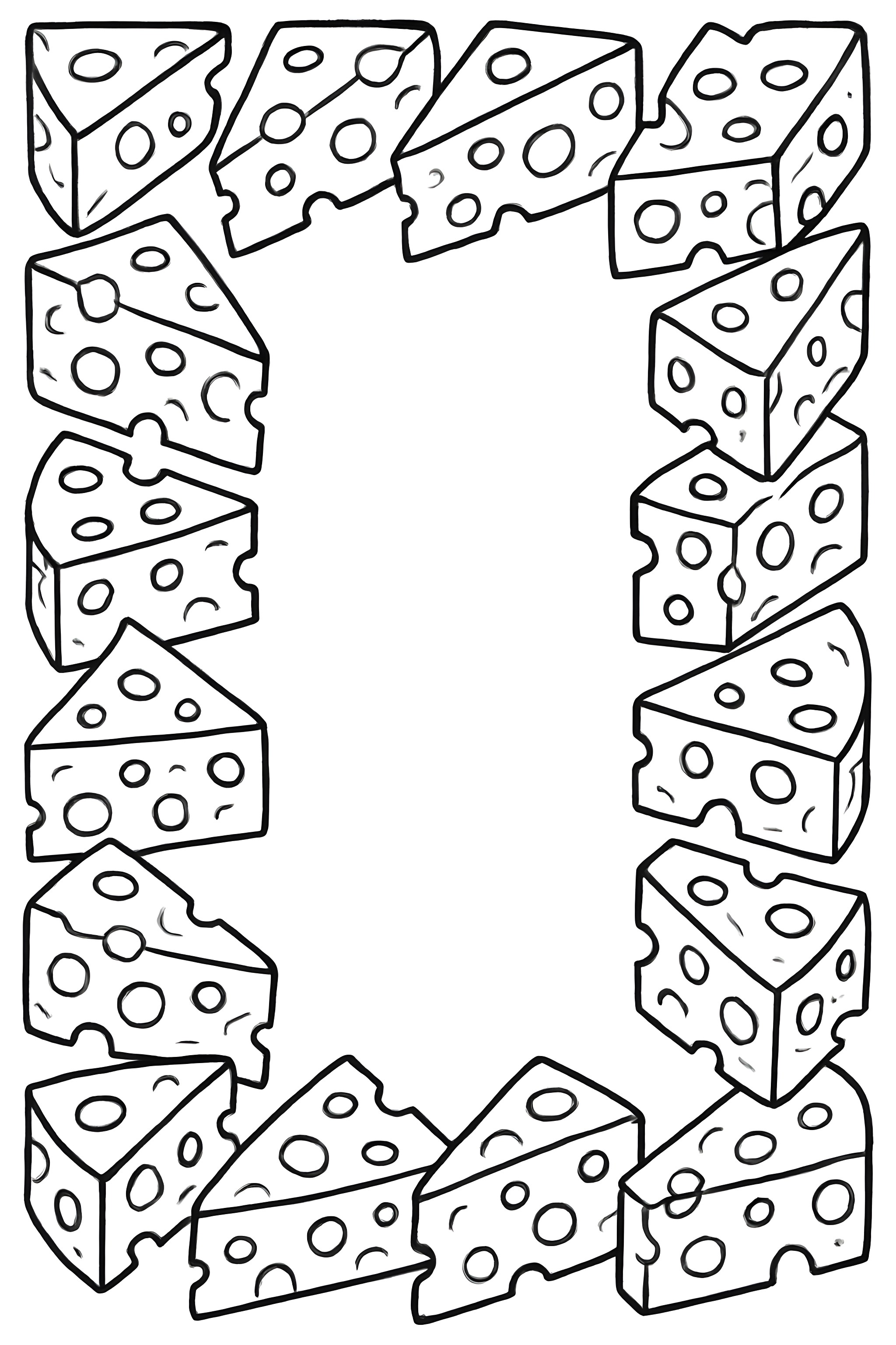 Coloring page featuring a geometric border of cheese slices arranged in a repeating pattern with holes.