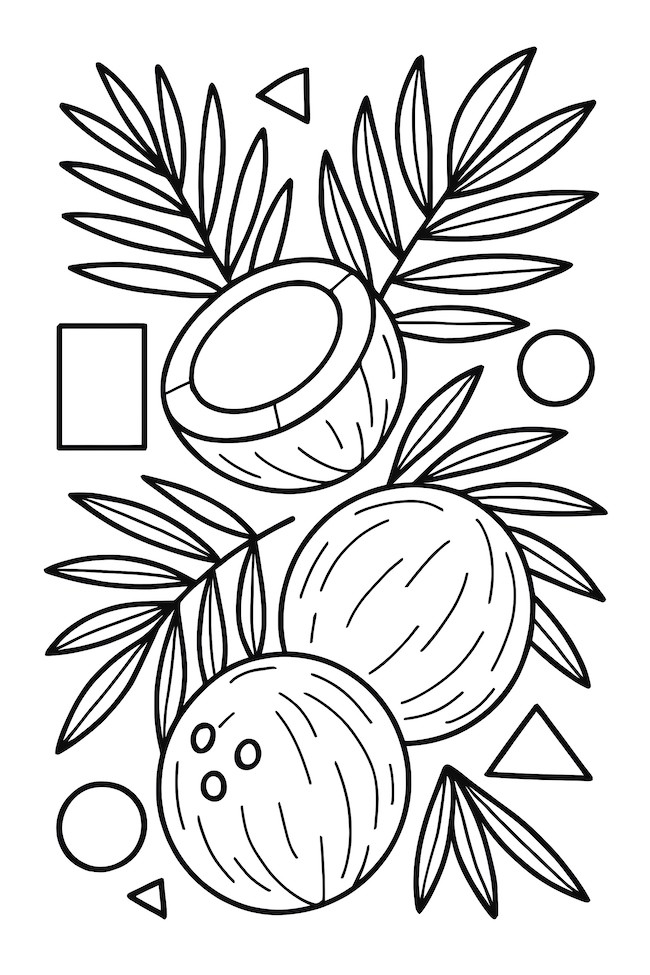 Coloring page featuring coconuts, palm leaves, and various geometric shapes including squares and circles