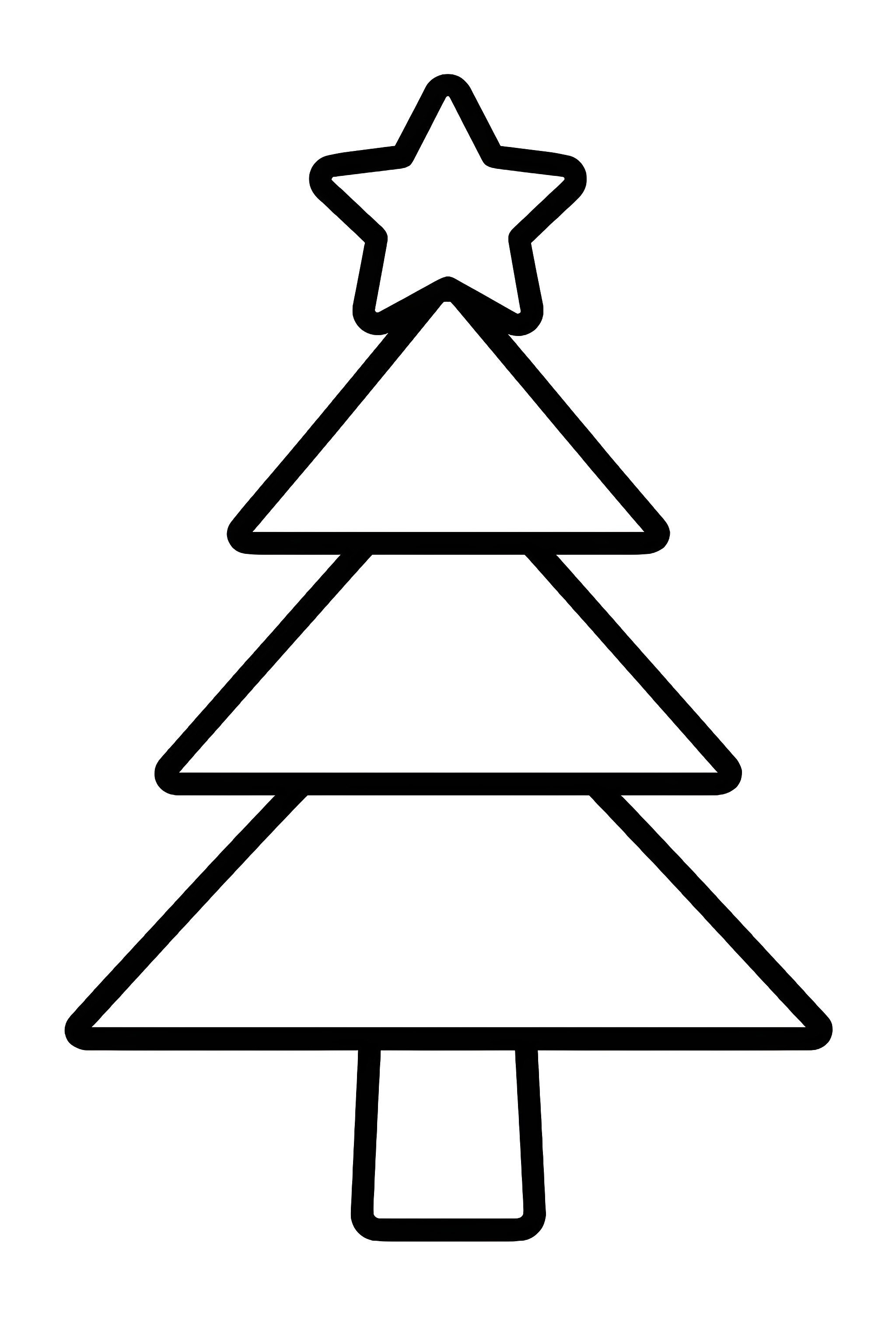 Coloring page featuring a geometric wireframe Christmas tree topped with a star and consisting of three distinct triangular sections.