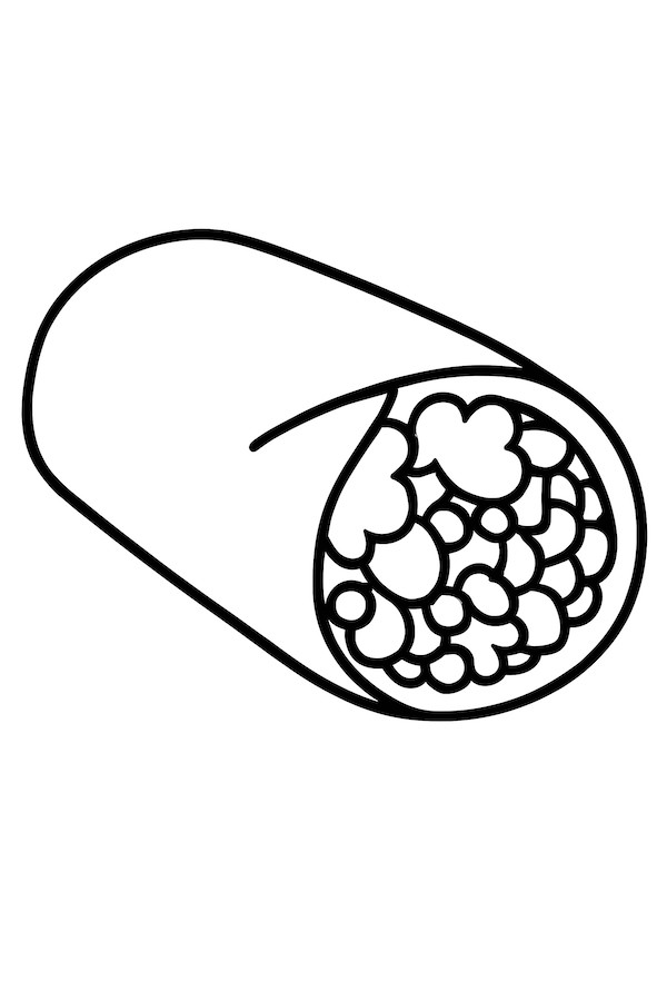 Coloring page of a giant burrito with visible filling, laid flat on a blank surface