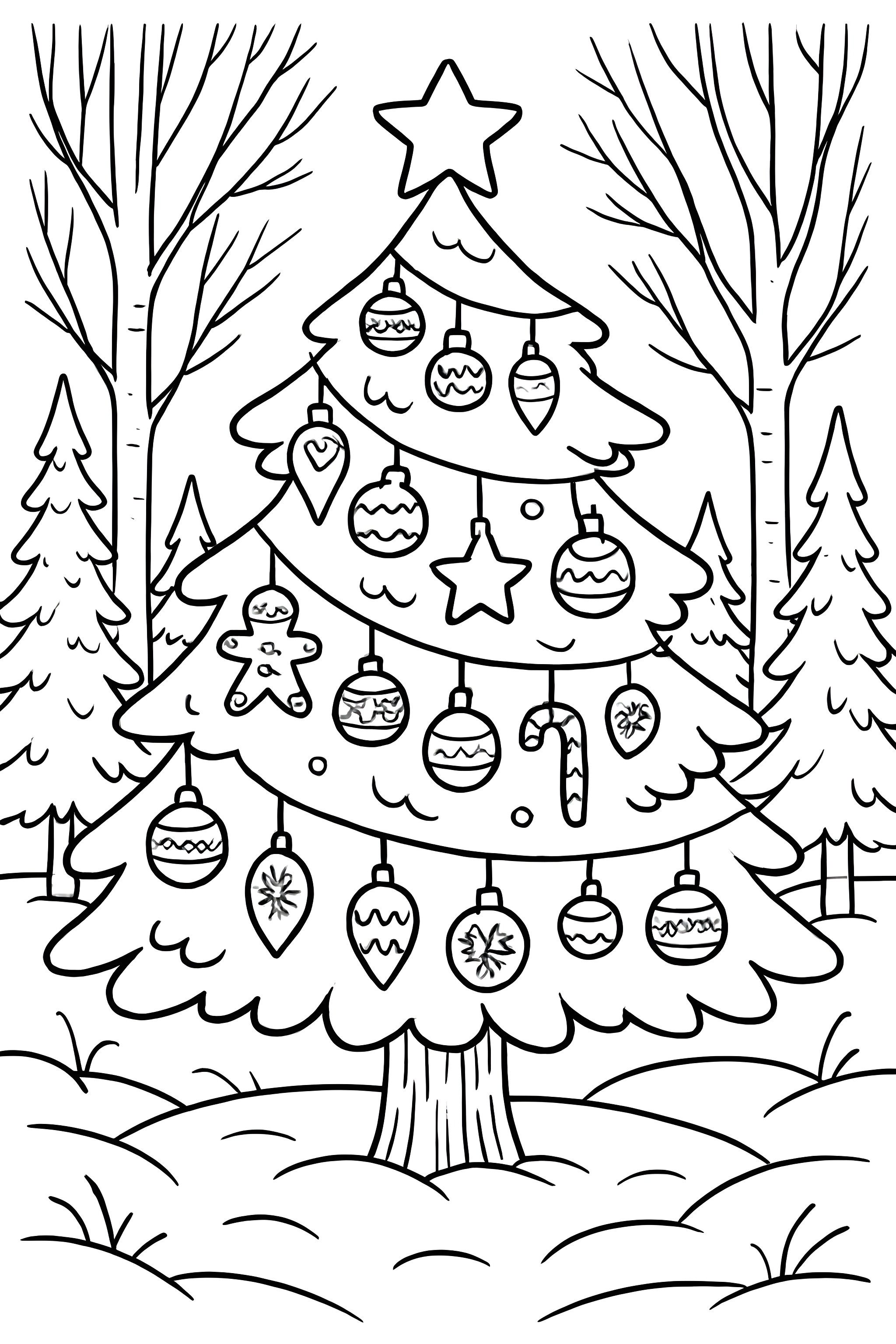 Coloring page of a giant tree adorned with various Christmas ornaments in a snowy forest