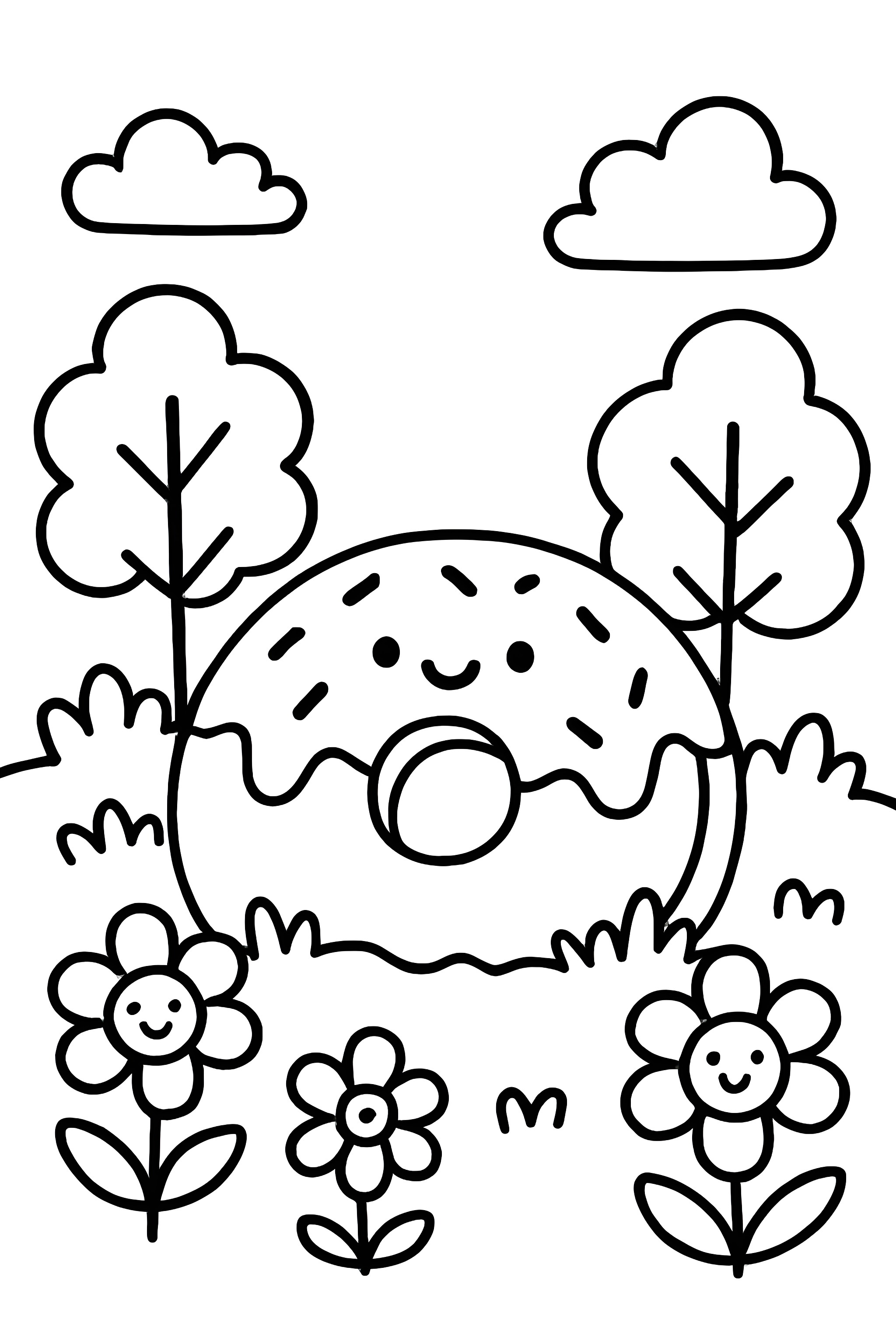 Coloring page featuring a giant donut-shaped hill, trees, and smiling flowers in a garden scene
