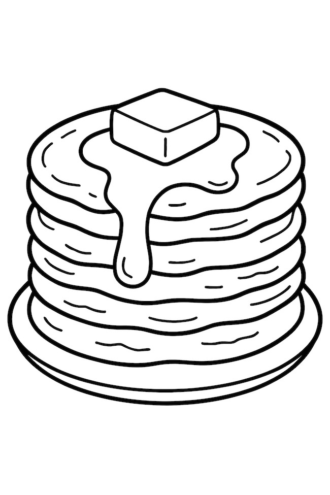 Coloring page of a giant stack of pancakes topped with a melting slice of butter on a plate