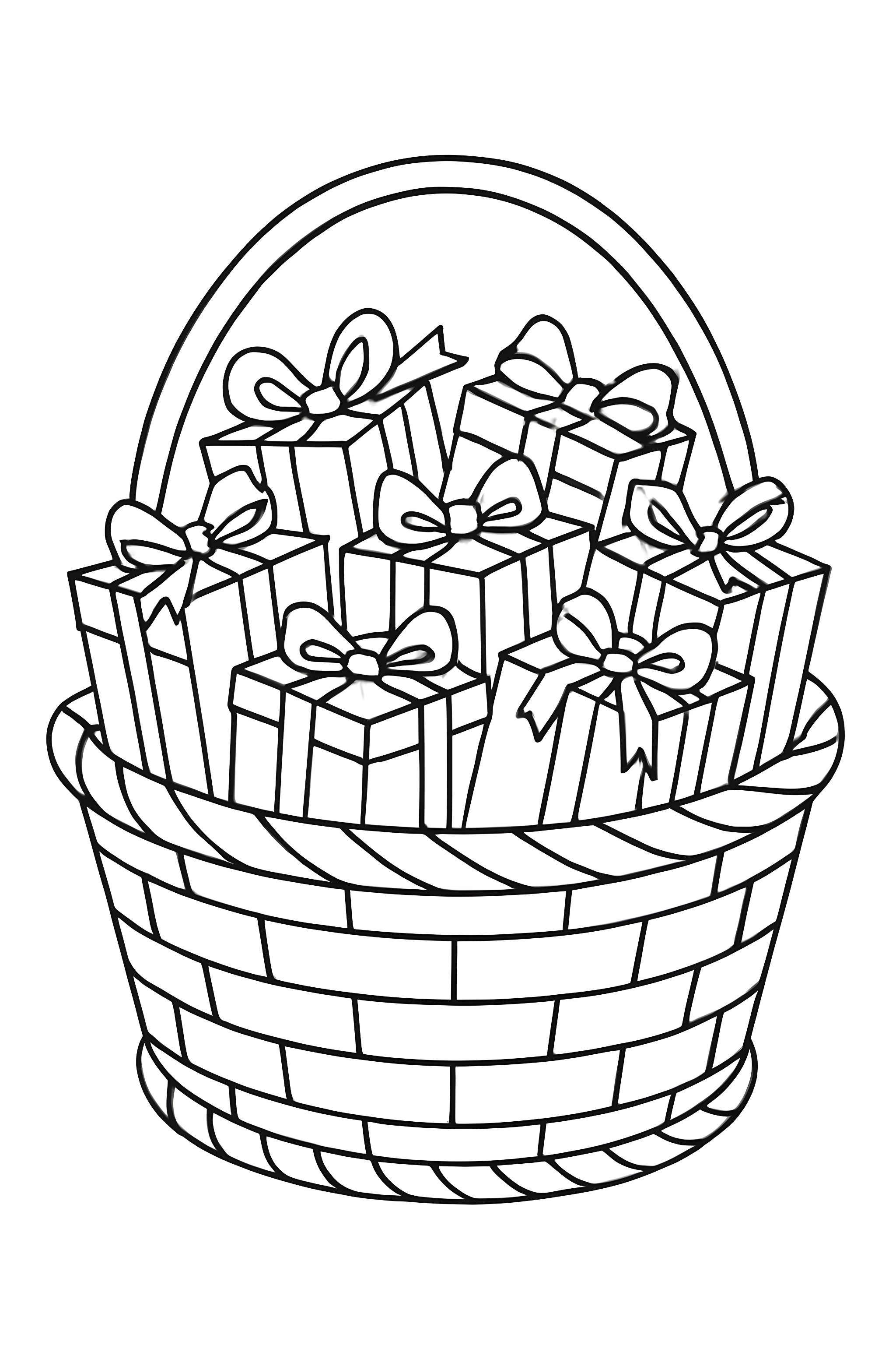 Coloring page of a gift basket filled with small wrapped presents, each adorned with bows and detailed with a woven texture.