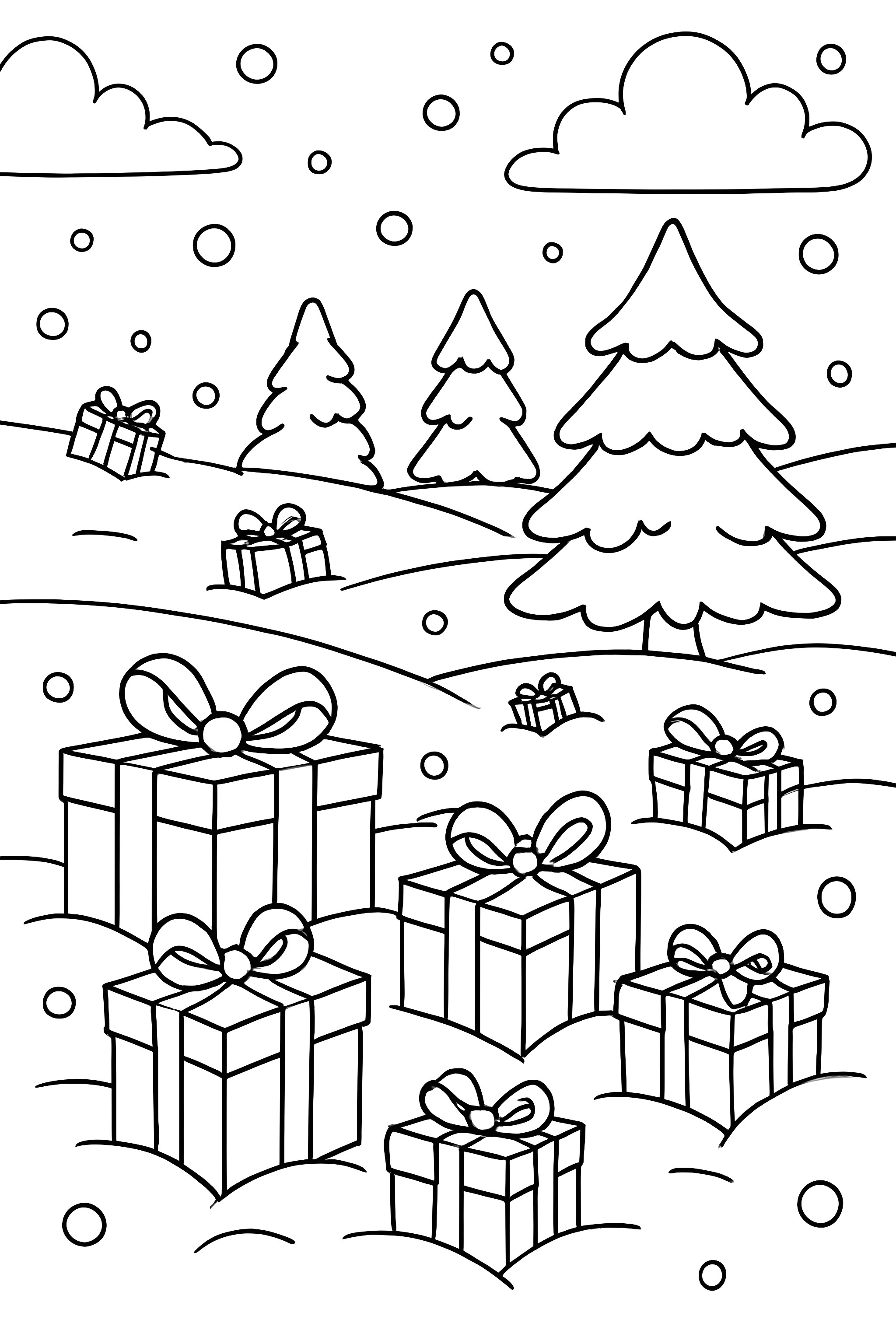 Coloring page of a snowy landscape with several gifts scattered in the snow and outlined trees in the background