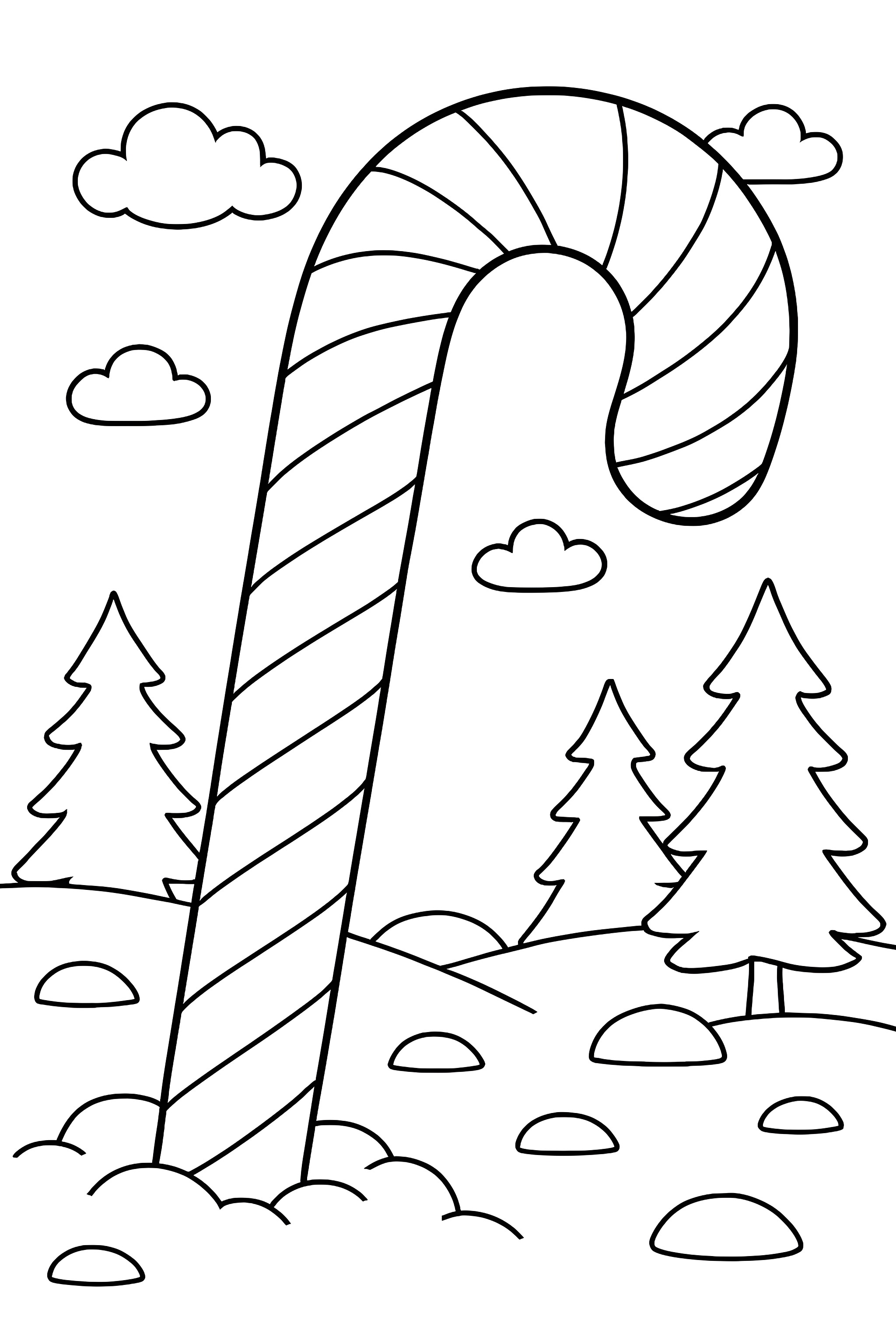 Coloring page featuring a large candy cane surrounded by snow and evergreen trees under a partly cloudy sky