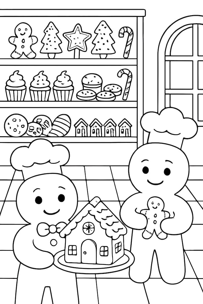 Coloring page of a gingerbread bakery featuring bakers, a gingerbread house, and shelves of decorated sweets