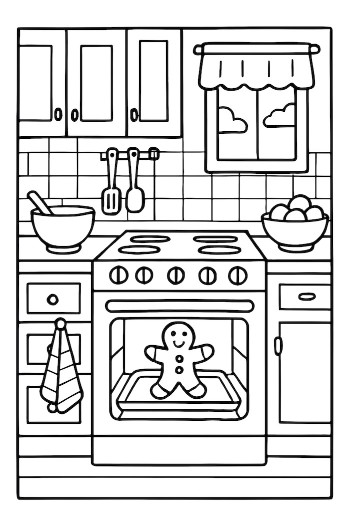 Coloring page of a cozy kitchen with a gingerbread man baking in the oven and various kitchen utensils