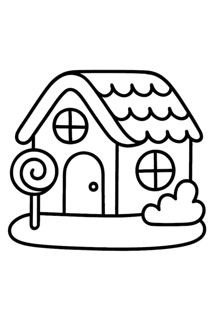 Coloring page of a gingerbread cabin featuring a curved roof, round windows, and a lollipop tree