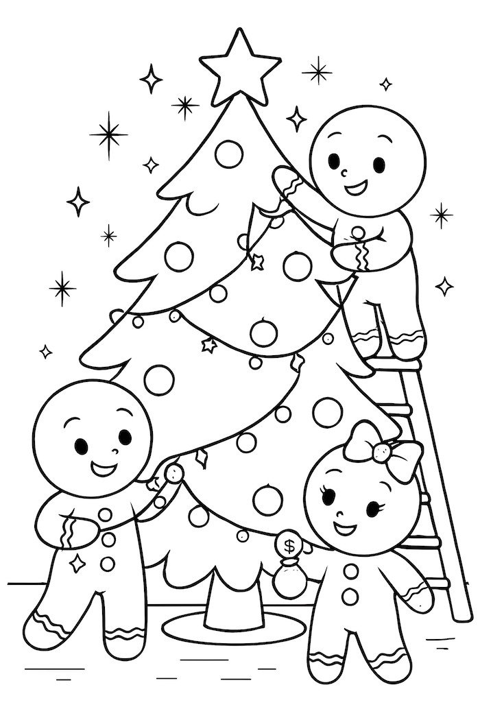 Coloring page of gingerbread characters hanging ornaments on a Christmas tree with sparkles and a star on top