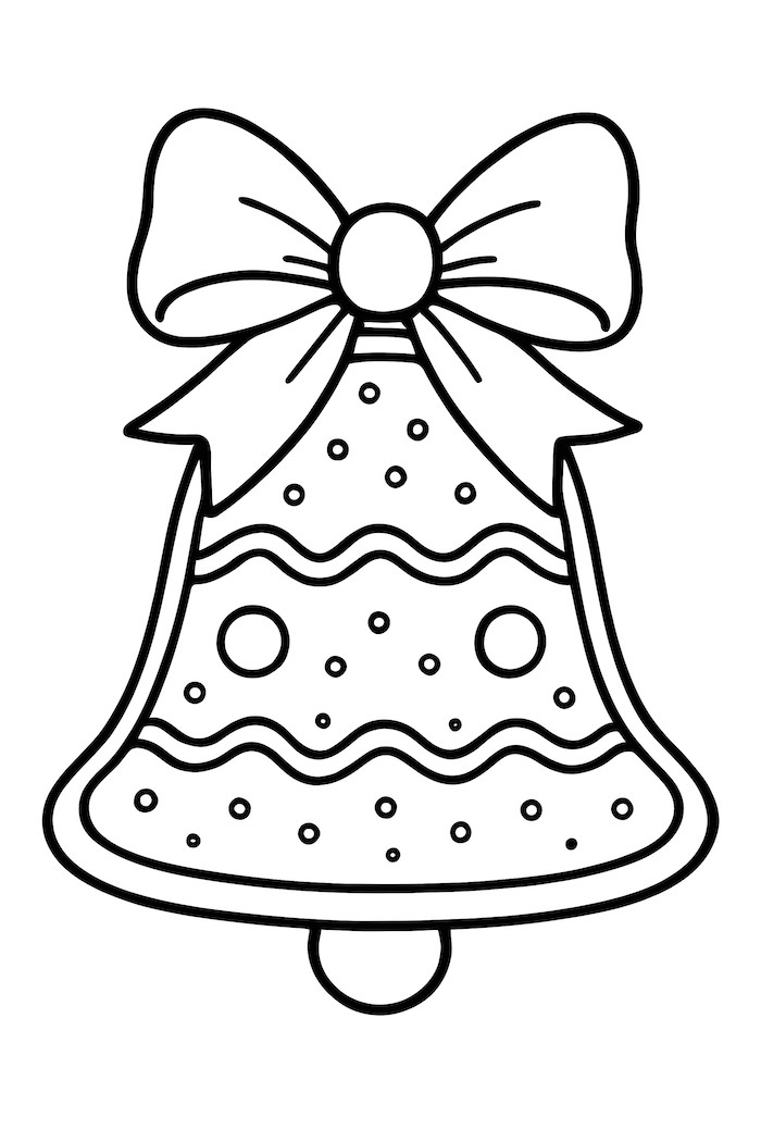 Coloring page of a gingerbread bell with decorative icing, polka dots, and a bow at the top