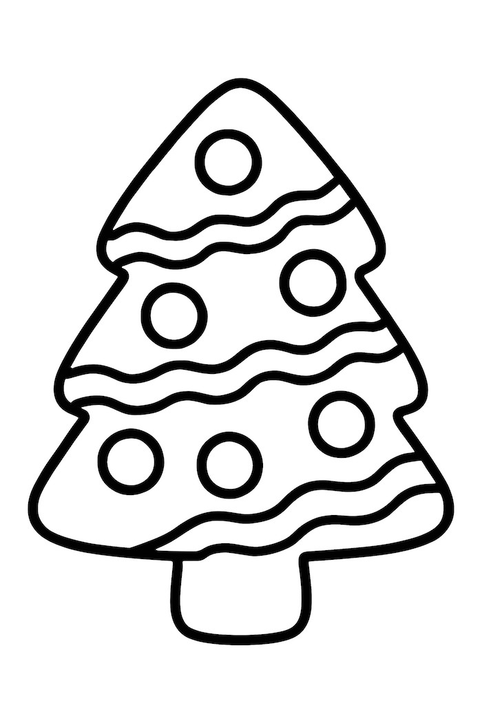 Coloring page of a gingerbread cookie shaped like a Christmas tree adorned with round ornaments and icing decorations
