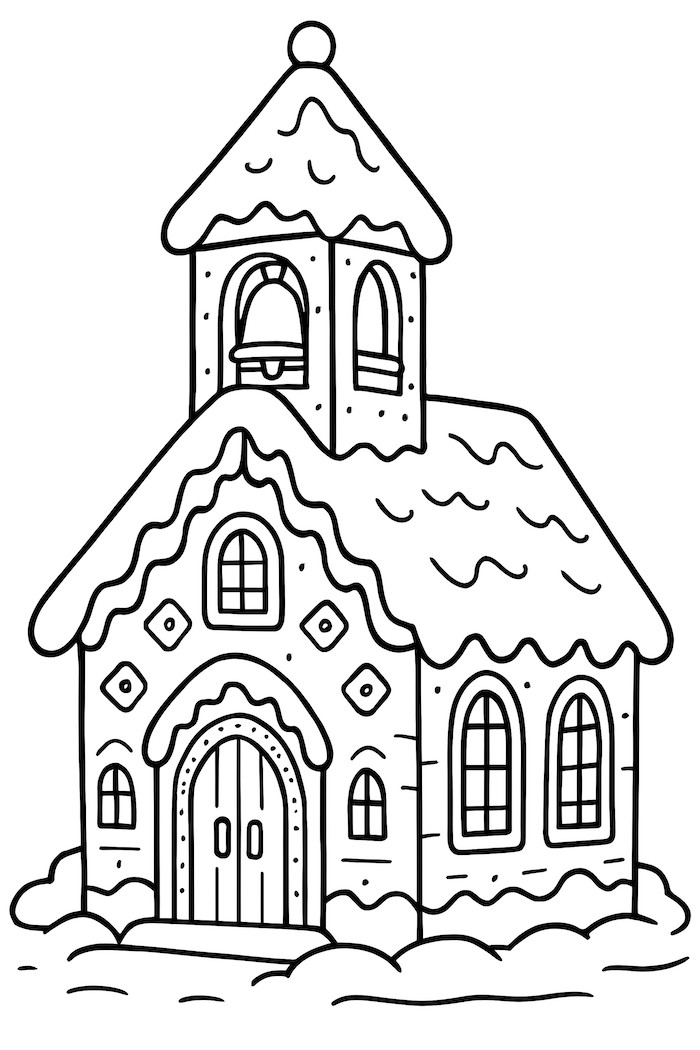 Coloring page of a gingerbread church featuring a bell tower and snow-covered roof, adorned with candy details
