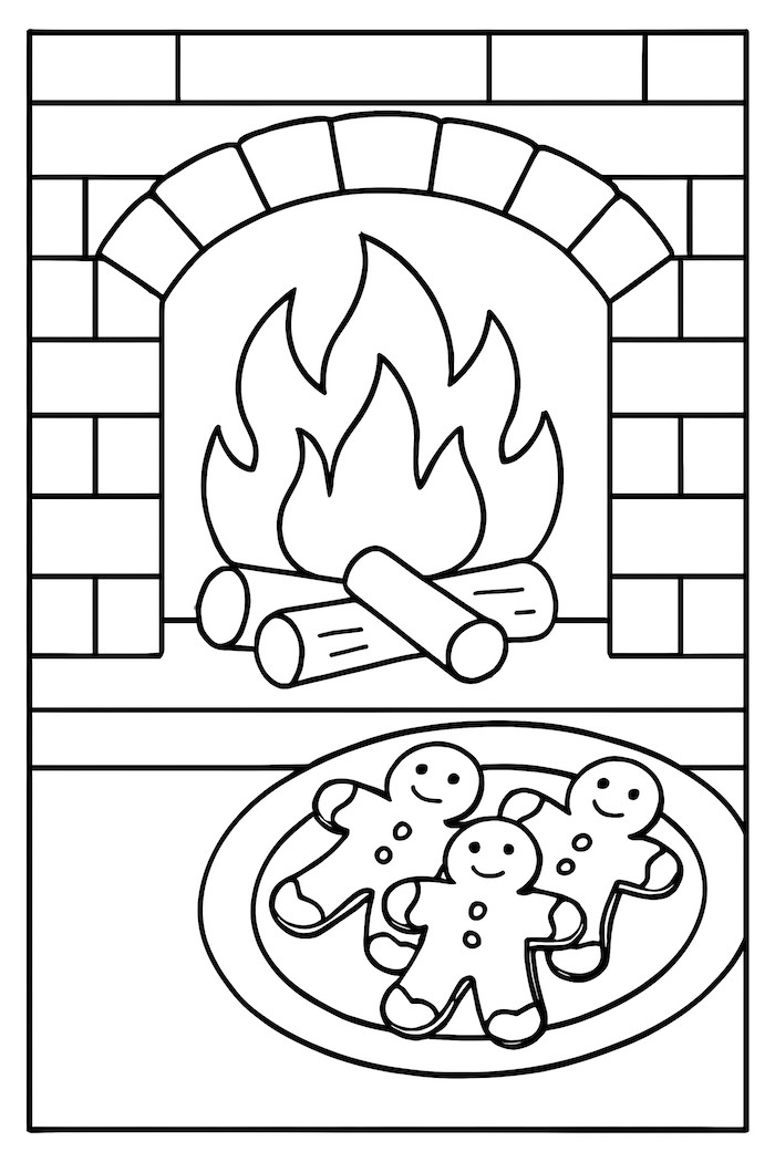 Coloring page featuring a warm hearth with a crackling fire and a plate of gingerbread cookies shaped like cheerful characters