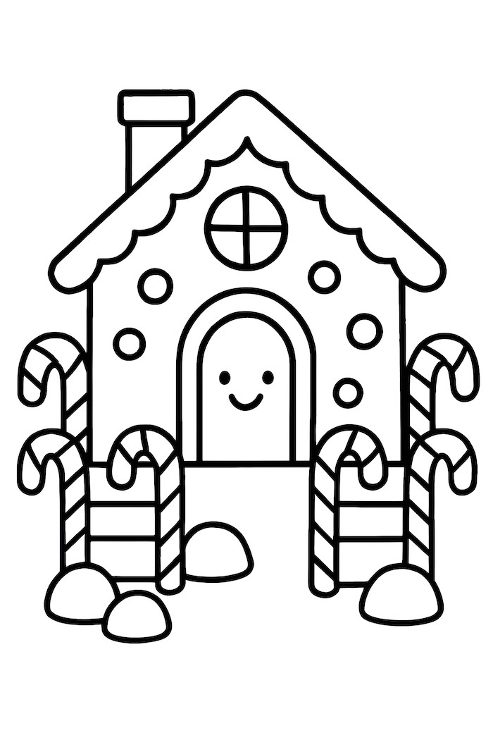 Coloring page of a gingerbread cottage with a smiling door and candy cane fences