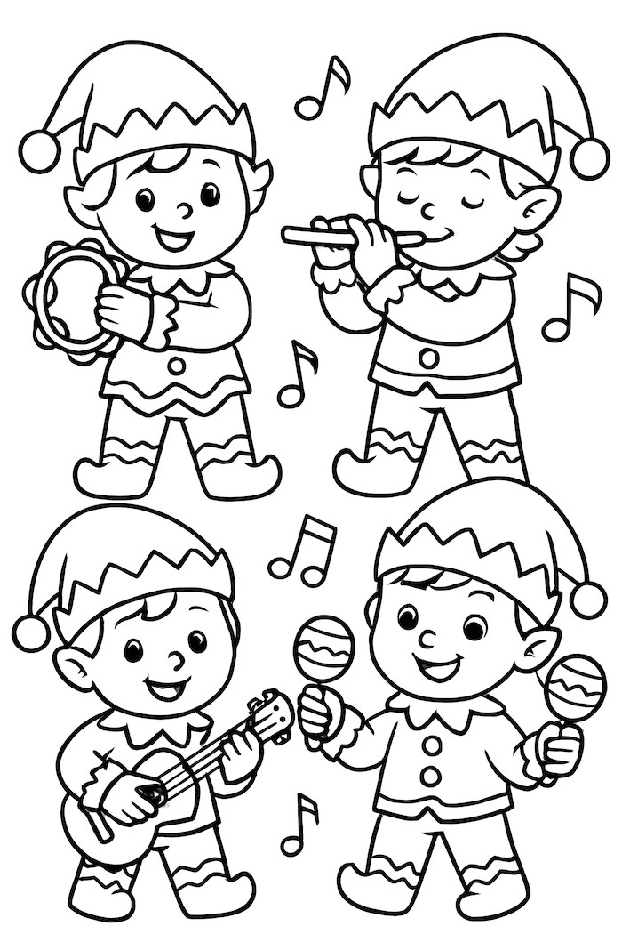 Coloring page of gingerbread elves playing various small instruments like a flute, tambourine, ukulele, and maracas with musical notes around them