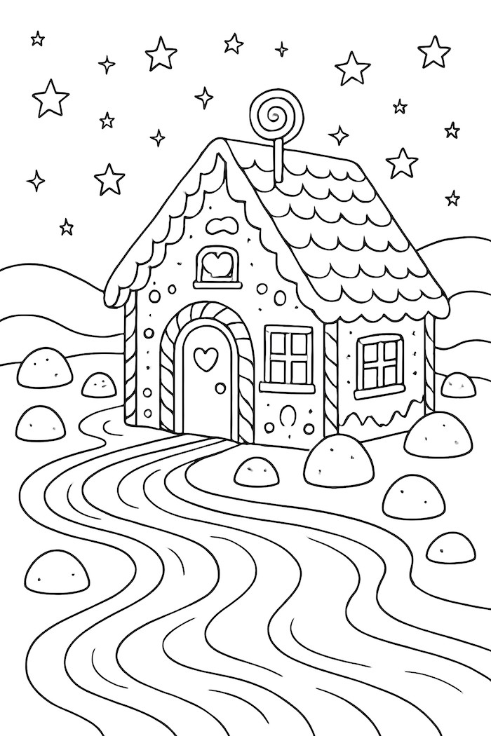 Coloring page of a gingerbread house beside a flowing chocolate river and a starry sky