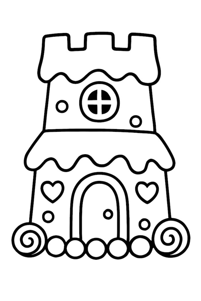 Coloring page of a gingerbread house shaped like a castle tower with hearts and swirls