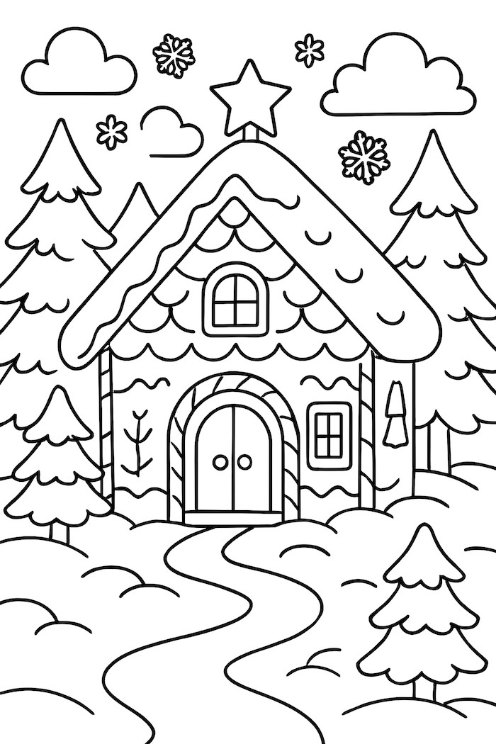 Coloring page of a gingerbread house surrounded by snow-covered trees and clouds, decorated with a star and snowflakes