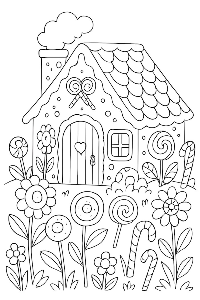 Coloring page of a large gingerbread house with a chimney, heart-shaped door, and a garden of candy flower designs