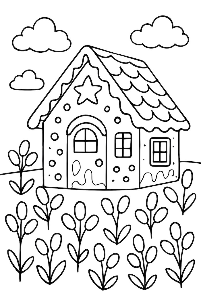 Coloring page of a gingerbread house with decorative icing and jellybean flowers in a field