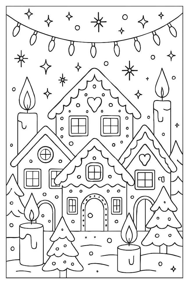 Coloring page depicting a gingerbread house village adorned with twinkling lights, candles, and decorated Christmas trees