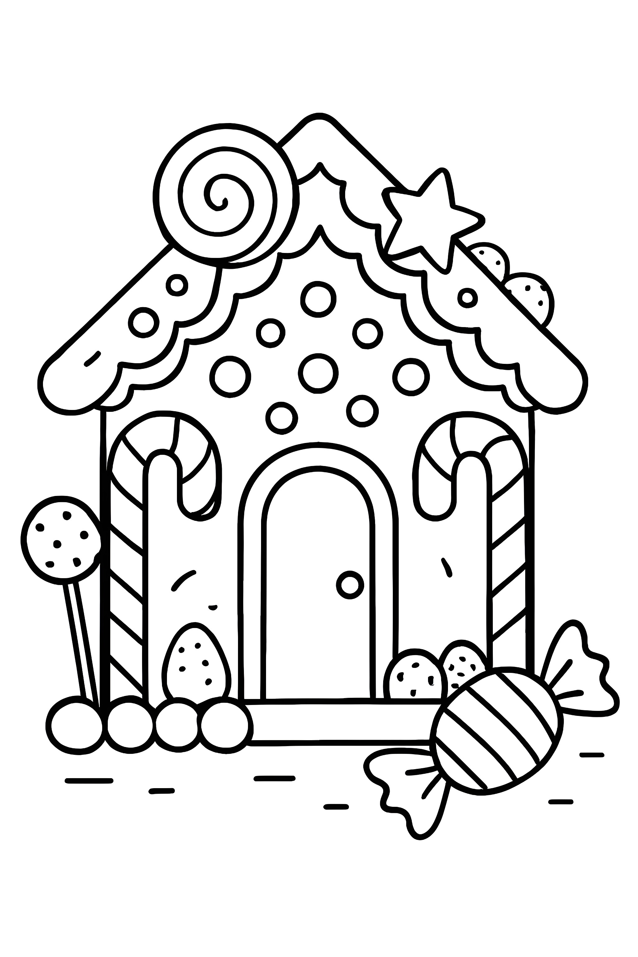 A gingerbread house with candy cane pillars, colorful candy decorations, and a swirl candy on top