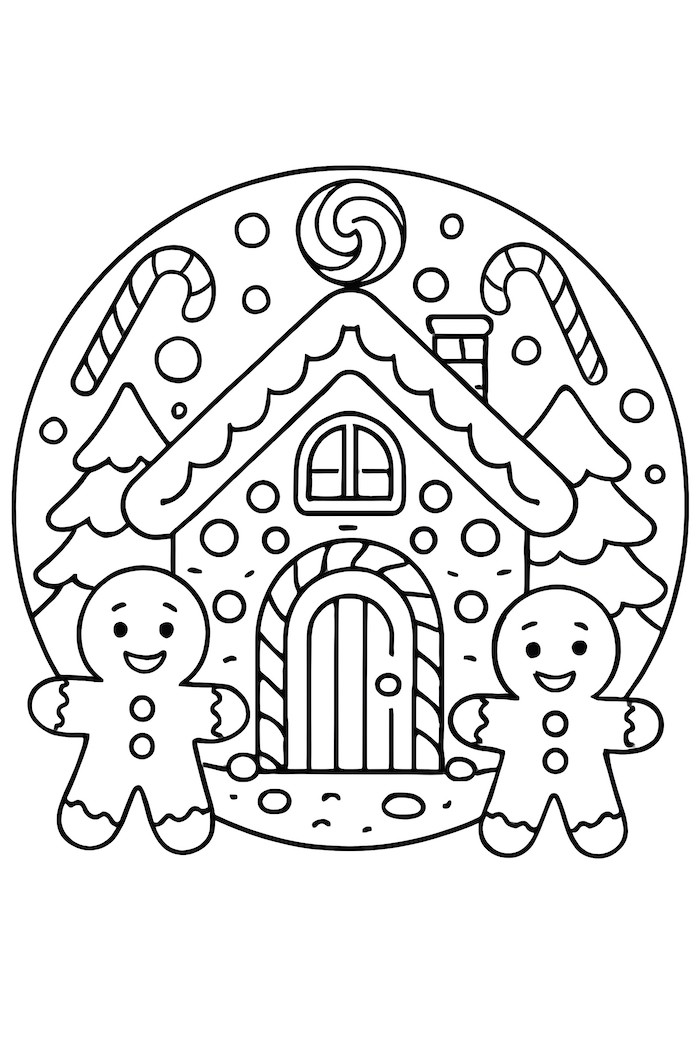 Coloring page of a gingerbread house surrounded by candy canes and two gingerbread men standing in front