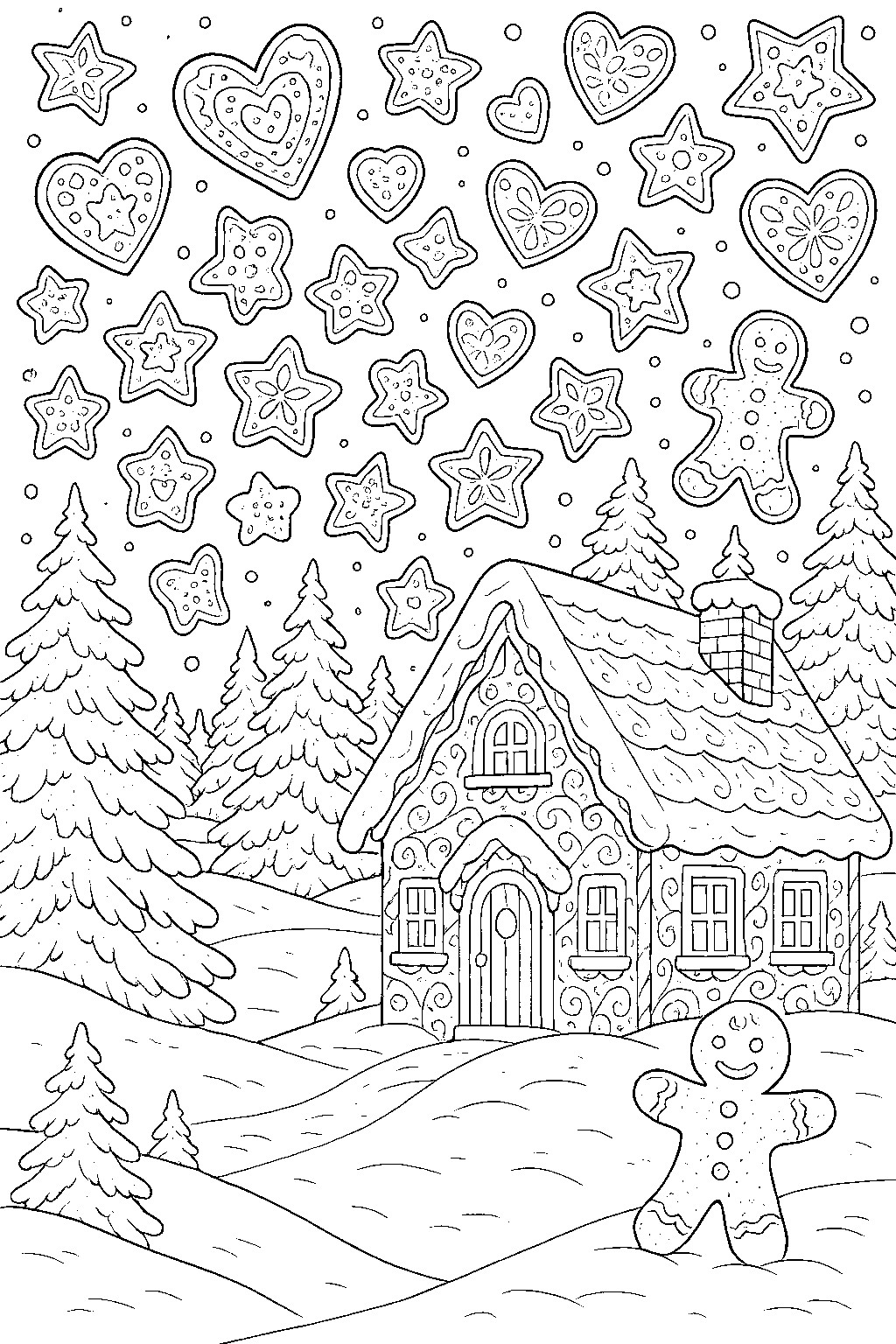 Coloring page of a gingerbread house surrounded by gingerbread men, hearts, and star cookies, with trees in the background