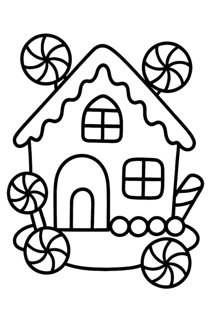 Coloring page of a gingerbread house featuring peppermint swirls, a door, windows, and decorative elements