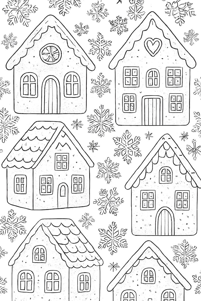 Coloring page of multiple gingerbread houses decorated with snowflakes in a whimsical pattern