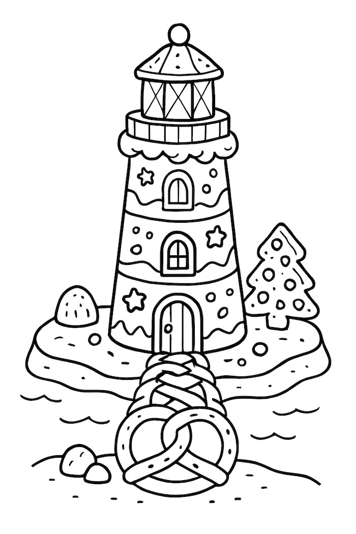 Coloring page of a gingerbread lighthouse with decorative elements and a pretzel walkway leading to it