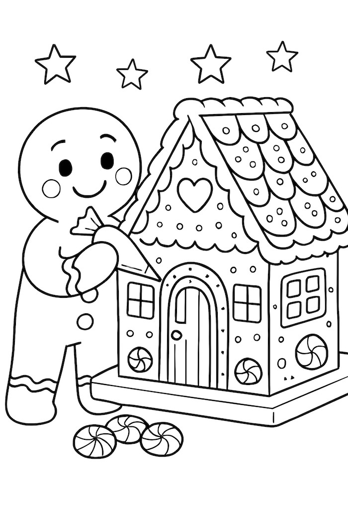 Gingerbread man with a big smile decorating a gingerbread house with icing and candies