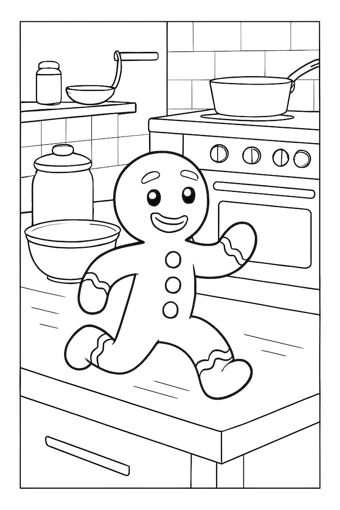 Coloring page featuring a gingerbread man running across a kitchen countertop, surrounded by kitchen utensils and cookware