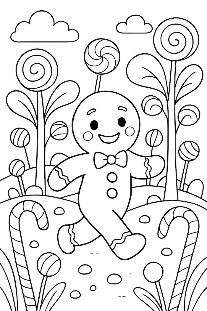 Gingerbread man with a bow tie walking through a whimsical candy forest filled with lollipop trees and candy canes