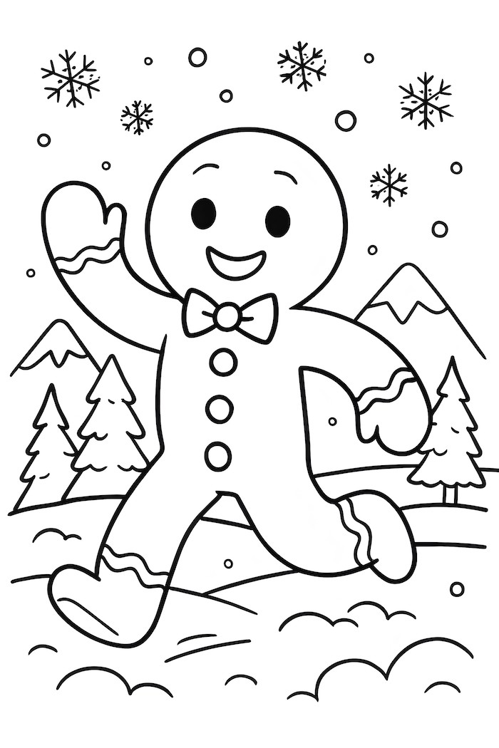 Coloring page of a gingerbread man waving in a snowy landscape with trees and mountains