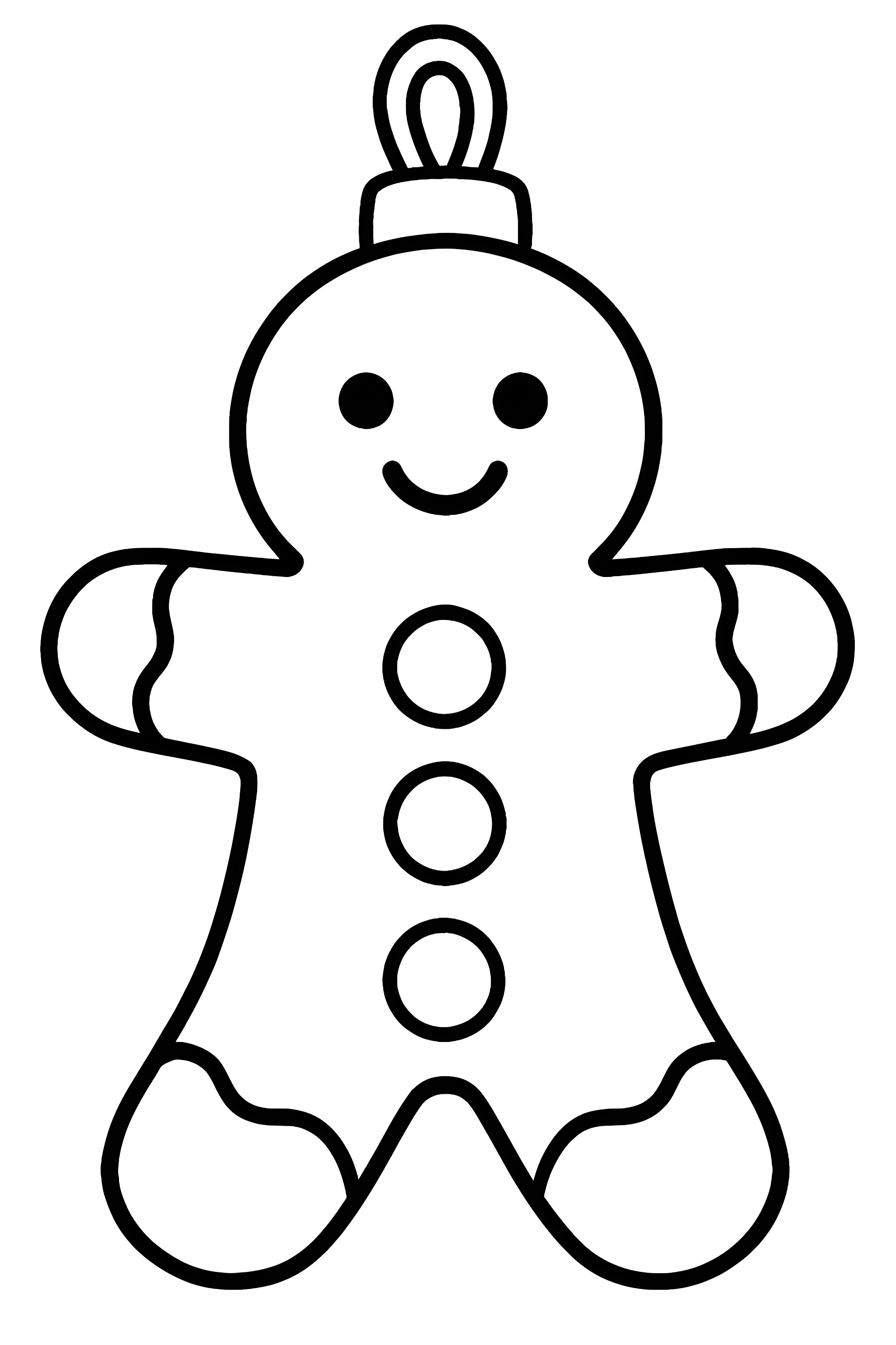 Coloring page featuring a realistic gingerbread man ornament adorned with gumdrop buttons and a hanging loop