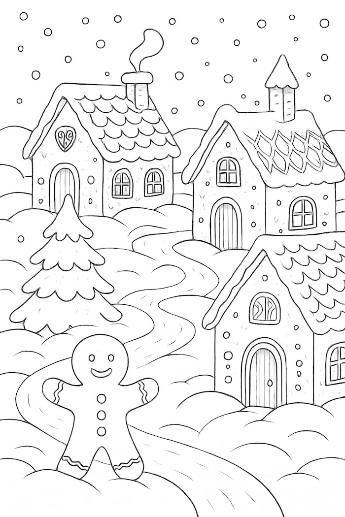 Coloring page of a gingerbread man in a snowy village with stylized houses and a tree