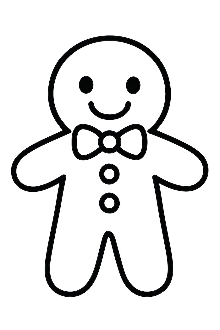 Coloring page of a standing gingerbread man wearing a bow tie with buttons on its front