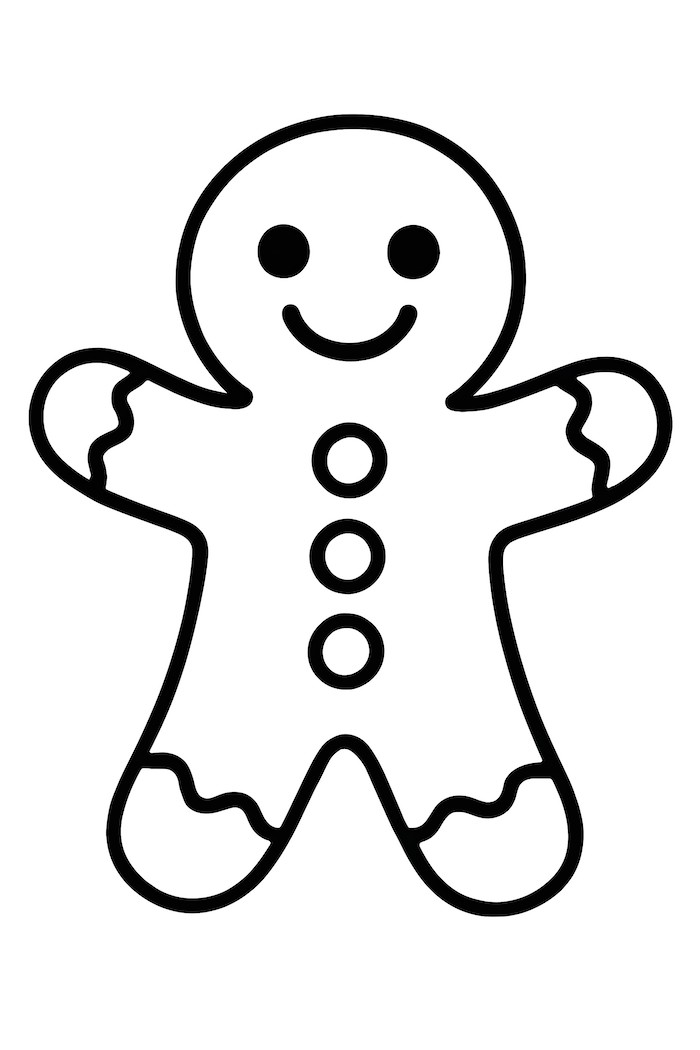 Coloring page of a gingerbread man featuring a smiling face and button decorations down the front