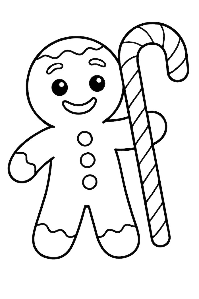 Coloring page of a gingerbread man holding a striped candy cane, featuring a smiling face and button details
