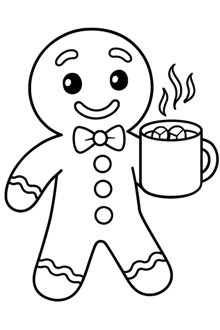 Coloring page of a gingerbread man smiling while holding a mug of cocoa with steam rising and marshmallows inside