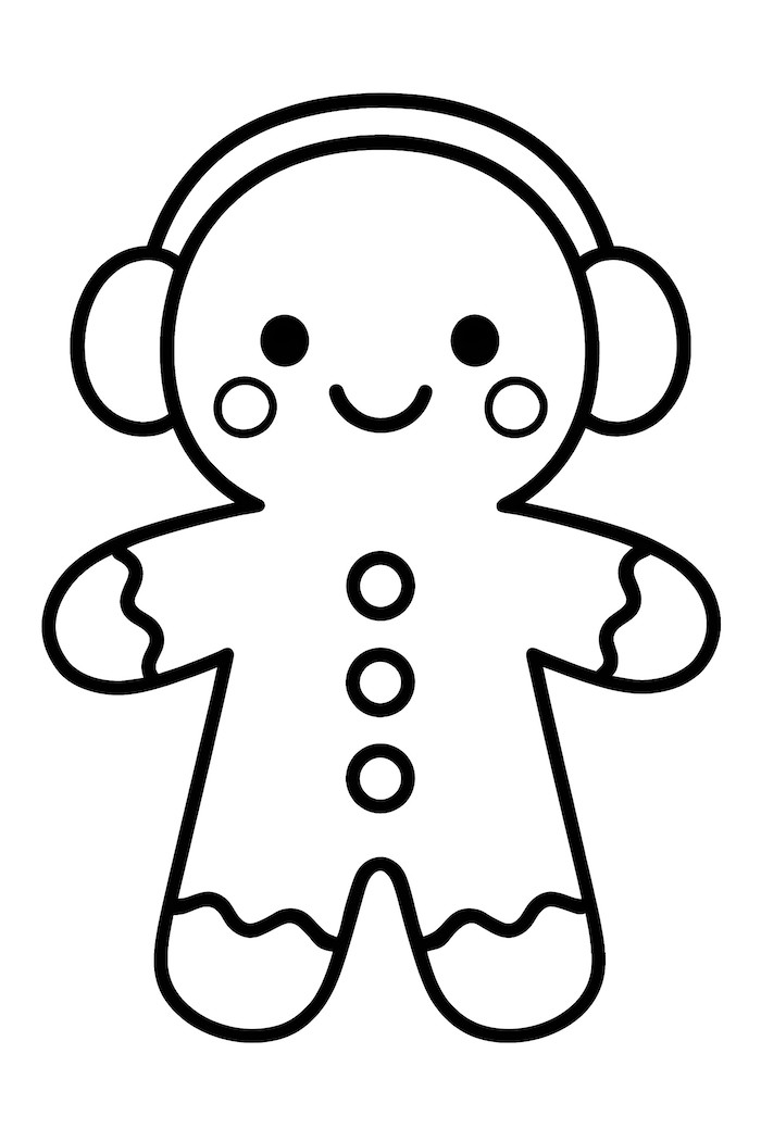 Coloring page of a gingerbread man wearing earmuffs with a cheerful expression and decorative buttons