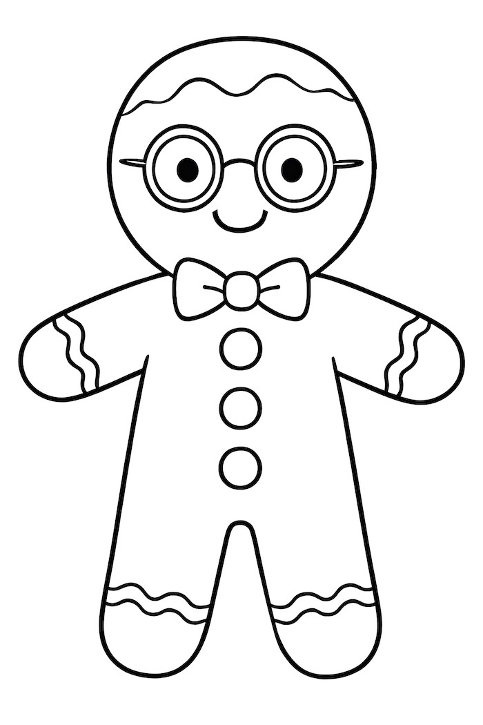 Coloring page of a gingerbread man wearing tiny glasses and a bow tie, featuring buttons and decorative icing details