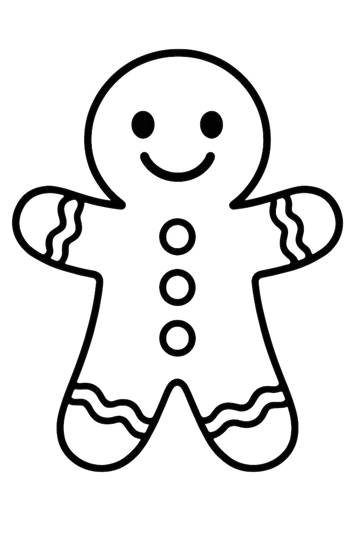 Gingerbread man with icing buttons and smile, wearing icing decorations on arms and legs