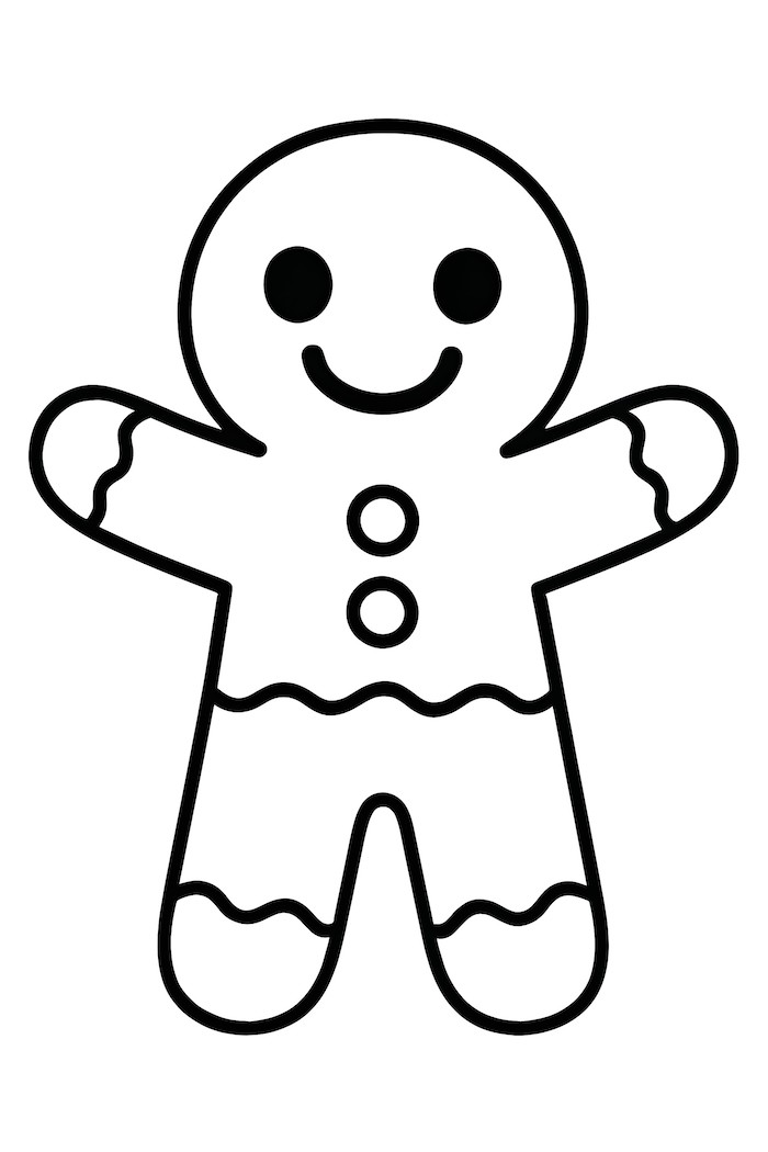 Coloring page of a gingerbread man with an oversized smile, round head, and outstretched arms